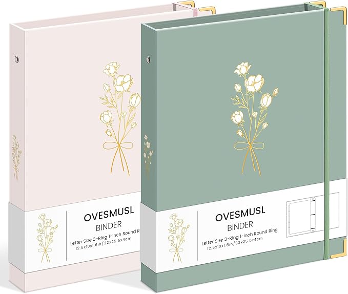 OVESMUSL Aesthetic 3 Ring Binder 1 Inch Set of 2, Decorative Hardcover Paper Binders for School, Office and Recipe Organizing, Fits 8.5 x 11 Letter Size, Sage Green and Pale Pink