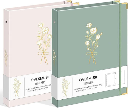 OVESMUSL Aesthetic 3 Ring Binder 1 Inch Set of 2, Decorative Hardcover Paper Binders for School, Office and Recipe Organizing, Fits 8.5 x 11 Letter Size, Sage Green and Pale Pink
