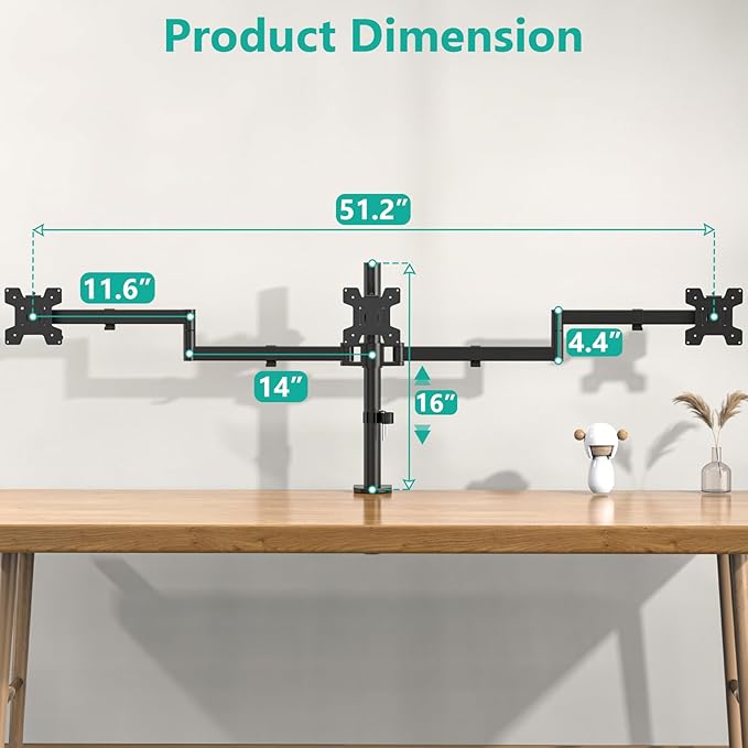 WALI Adjustable Triple Monitor Mount for 13-27 inch Screens, 22 lbs per Arm | 3 Monitor Desk Mount, Full Motion with Tilt, Swivel, Rotation, C-Clamp & Grommet Base, VESA 75/100mm (M003S), Black