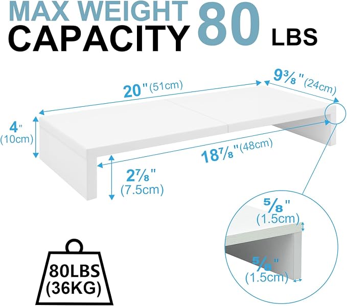TEAMIX 2 Pack White Monitor Stand Riser - 20 inch, Wooden Desktop Stand for PC/TV/Laptop/Printer, Monitor Riser with Storage, Computer Stand with Keyboard Organizer