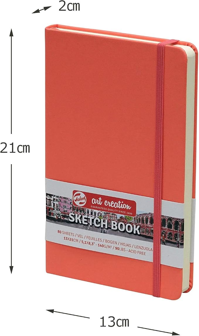 Talens Art Creation Sketchbook, Coral Red, 80 Sheets, 5.1 x 8.3 in | Hard-Bound Pocket Notebook, 140 GSM/94 lbs Paper, Acid-Free Cream Blank Paper, Ribbon Bookmark, and Elastic Closure