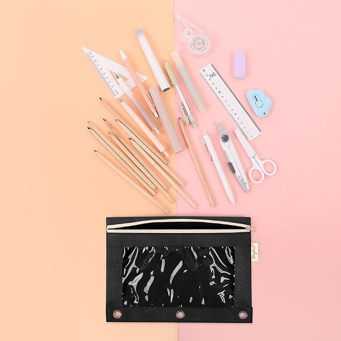 SKYDUE Pencil Pouch for 3 Ring Binder, Zipper Pencil Pouches for Girls Boys, Clear Window Pencil Bag, 3 Ring Pencil Pouch Case for Binder, Durable Organizer for School Supplies