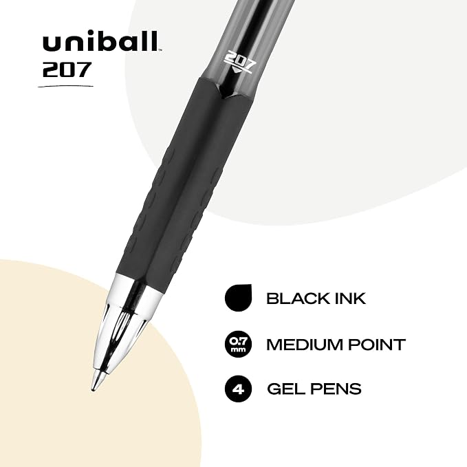 Uni-Ball 207 Retractable Gel Pens,Medium Point (0.7mm),Black,4 Count (Pack of 2)