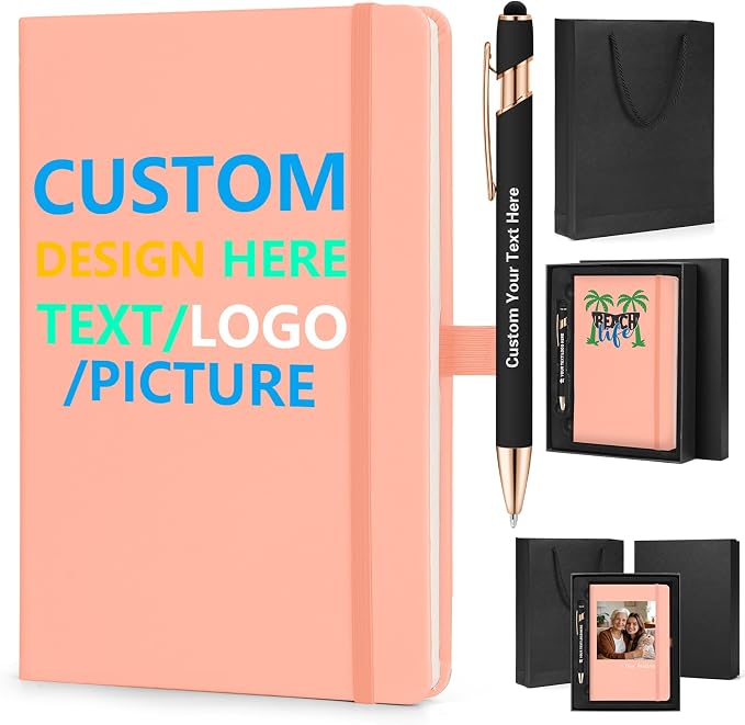 ENOMY Personalized Notebook Writing Set A5 Journal PU Leather Custom Notebook 200 Lined Pages Business Notebook with Metal Pen Gift Box for Holiday College Birthday Business Gift, Pink