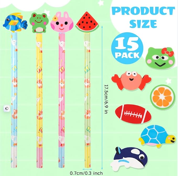 DERAYEE 15PCS Cute Pencils with Fruit Animal Top Eraser, Fun Wooden Pencil for Kids Students Reward Prize Classroom Party Favors