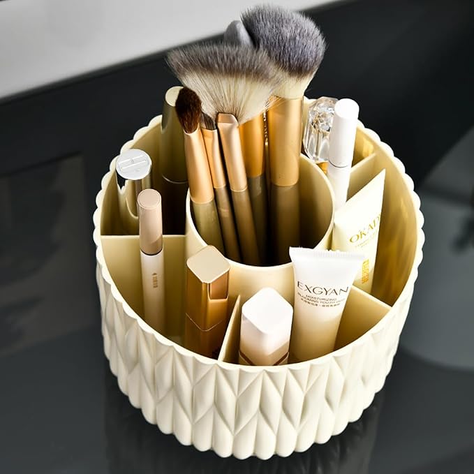 Rotating Makeup Brush Holder - White 5 Slot 360° Spinning Organizer for Vanity Desk, Cute Aesthetic Storage for Women, Multi-purpose Pen Pencil Caddy for Office Home Art Supplies