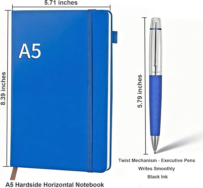 A5 Lined Journal Notebook Gift Set - Hardcover Diary with Executive Pen & Elastic Pen Loop, 192 Pages 80gsm Thick Ruled Paper for Women & Men, Business, Travel & School Writing