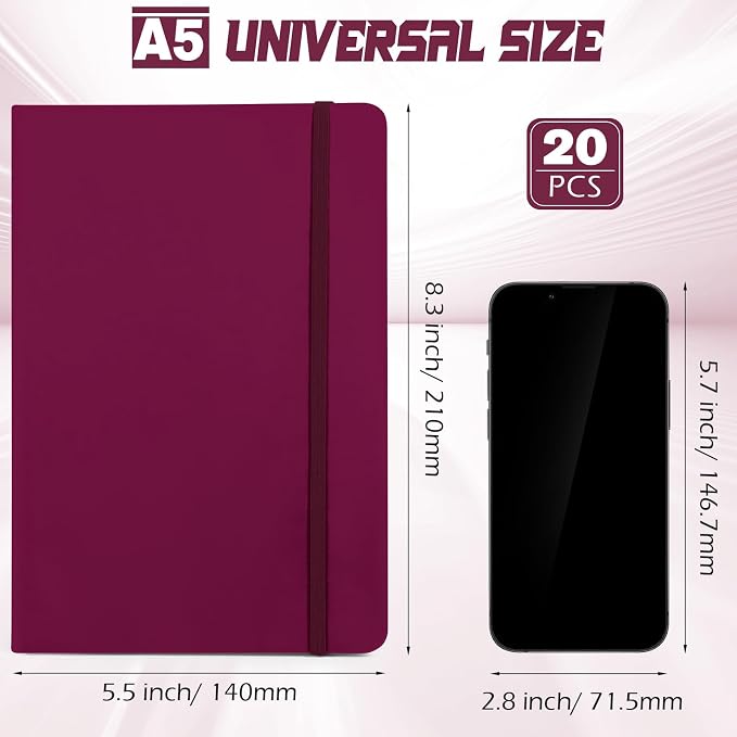 Honoson 20 Pack A5 Lined Journal Notebooks Hardcover Executive Notebook 5.5" x 8.3" PU Leather Wide Ruled Journals Bulk 160 Pages for Back to School Supplies Office Business Home (Burgundy)