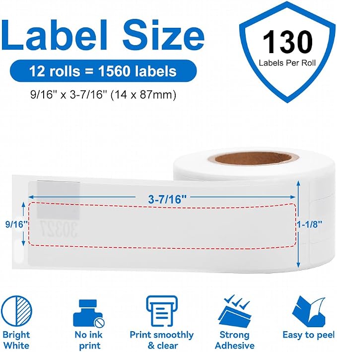 12Roll Compatible with Dymo LW 30327 1-Up File Folder Label 9/16" x 3-7/16" | Work with Labelwriter 330 400 450 Turbo Twin 4xl Printers, 130 Stickers per roll, Label KINGDOM LW White Paper Labels