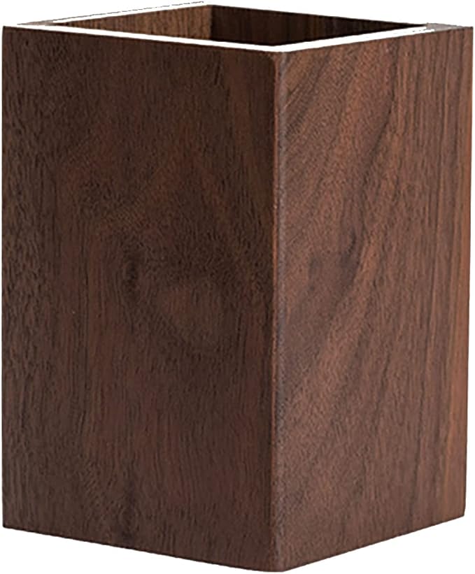 Black Walnut Wooden Pencil Box, Multiple-Use Desk Writing Stationary Organizer Wood Pen Holder Cups Office School Supplies Storage (Square Shape)