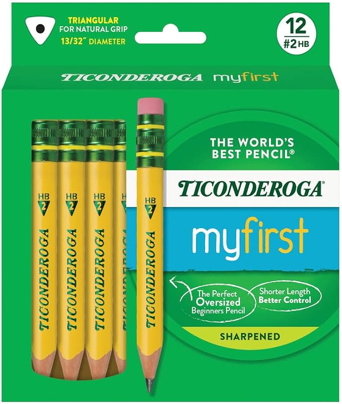 Ticonderoga My First Half-Size Wooden Pencils, 12 Pencils/Pack, 1 Pack | Large Triangle-Barrel Pre-Sharpened #2 (HB) Short 4.5" Yellow Pencils with Erasers, X33012