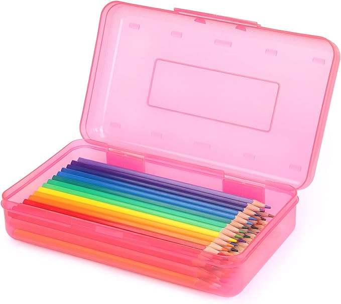 Tamaki 1 Pack Plastic Pencil Box Large Capacity, Pink | Clear Boxes with Snap-tight Lid Stackable Design and Stylish Office Supplies Storage Organizer