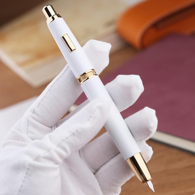 Majohn A1 Press Fountain Pen Fine Nib with Converter, Retractable White Golden Writing Set (No Clip Version)