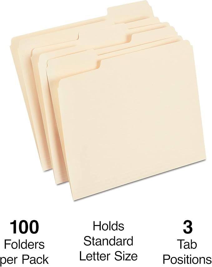 Staples File Folder, Letter Size, Manila, 1/3‑Cut Tab, Durable Paper Stock, 200/Carton