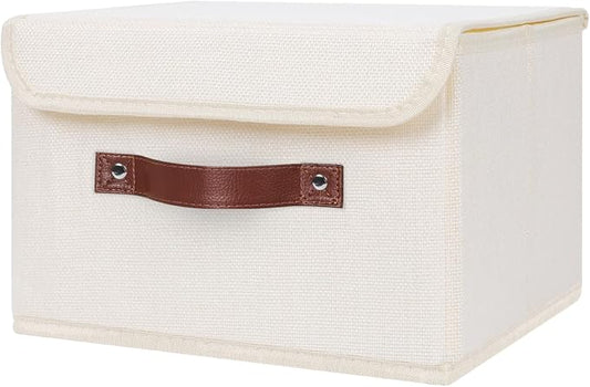 ANMINY Storage Bin with Lid Storage Boxes with PU Leather Handles PP Plastic Board Decorative Foldable Lidded Cotton Linen Fabric Home Cubes Baskets Closet Organizer Container - Beige, Medium
