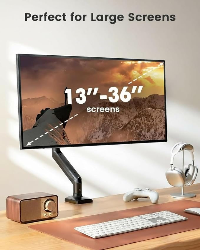 ErGear Single Monitor Arm for 13-36 Inch Screens, 22 lbs Capacity | Full-motion adjustment, C-clamp or grommet mounting, cable clips, 22 lbs support, ultrawide setup, VESA 75x75/100x100mm
