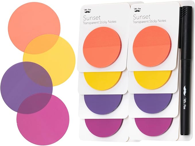 Mr. Pen- Round Transparent Sticky Notes, 1.8”, 8 Pads with Black Fineliner | 400 Sheets, Smooth Writing, Water-Resistant, Clean Removal, Easy-Peel Sticky Notes for Bible Journaling & Planning, Sunset