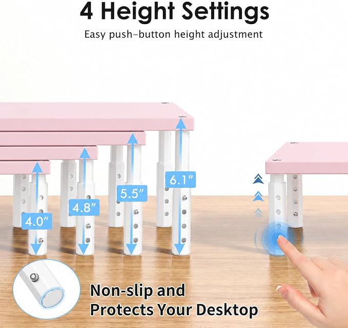 OPNICE Adjustable Computer Monitor Stand Riser for Desk, Desk Organizer & Office Decor for Women, Laptop Stand, Office Desk Accessories & Workspace Organizers for Home Office, Pink Wood