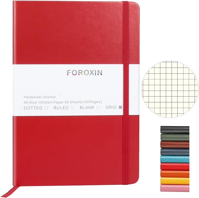 Grid Journal Bullet Notebook - Red Leather Cover, 8.3 x 5.7Inch, 160 Pages, 100gsm Paper, Hardcover with Inner Pocket, Elastic Closure and Ribbon Bookmark, Great for Women and Men