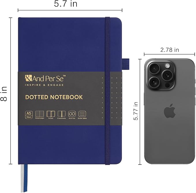 &And Per Se Dotted Journal Notebook, A5 Hardcover Leather Bullet Dotted Journal, 160 Pages 100 gsm Thick Paper, 3 Sheets of Stickers Included - 5.7'' x 8'' (Royal Blue)