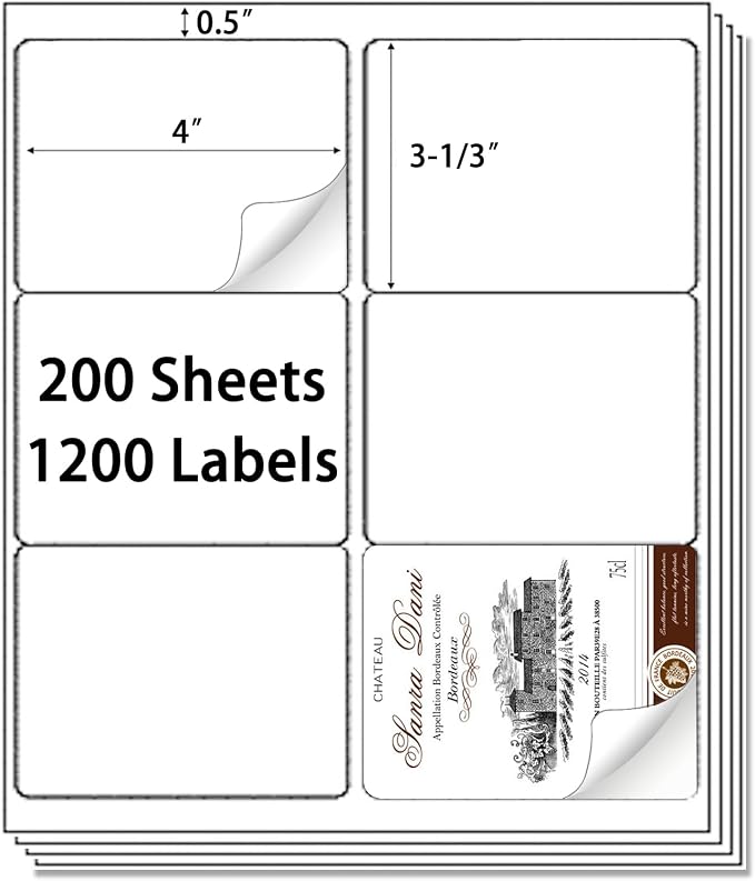 9527 Product 6 up 3-1/3" x 4" Sticker Labels Shipping Address Labels for Laser & Inkjet Printer, 200 Sheets, Total 1200 Labels