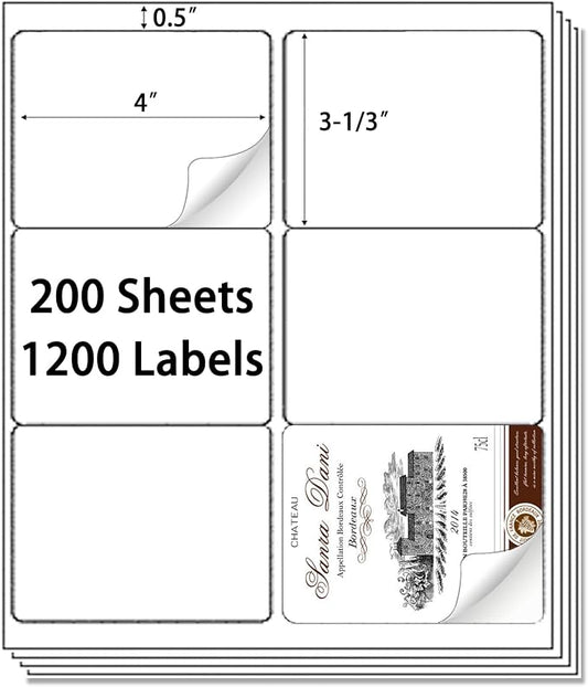 9527 Product 6 up 3-1/3" x 4" Sticker Labels Shipping Address Labels for Laser & Inkjet Printer, 200 Sheets, Total 1200 Labels