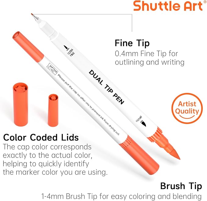 120 Colors Dual Tip Brush Marker Pens with 1 Coloring Book, Fineliner and Brush Dual Tip Markers Set, Water-based Ink Perfect for Kids Adult Artist Calligraphy Hand Lettering Journal Doodling Writing