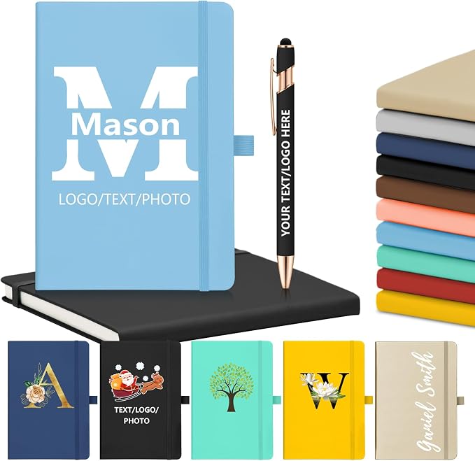 ENOMY Personalized Notebook & 10 PC Pens Gift Set Custom Notebook Journal A5 200 Pages A5 Lined Journal for Men Women Hardcover Notebooks for Work College Graduation Gifts, Sky Blue