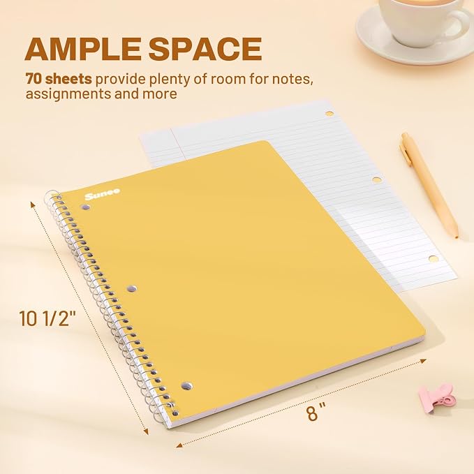 SUNEE Spiral Notebooks, 3 Pack, 1-Subject, College Ruled Paper, 8" x 10-1/2", 70 Sheets per Notebook, Assorted Colors Spiral Notebooks for School (Yellow, Red, Sage Green)