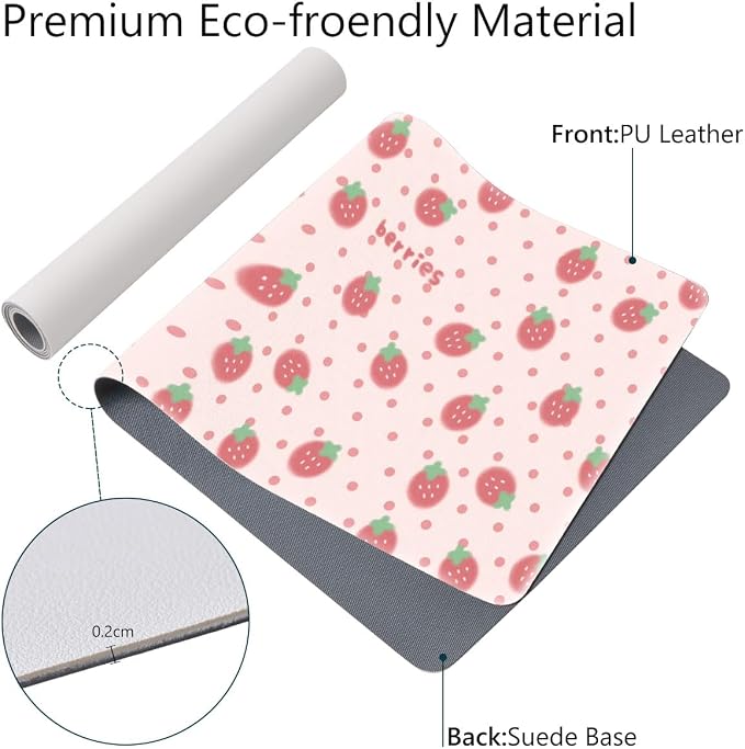 Cute Strawberry Pink Large Mouse Pad, PU Leather Desk Pad Protector, Non-Slip Computer Desk Writing Mat, Gaming Keyboard Mouse Pad, Office Desk Accessories