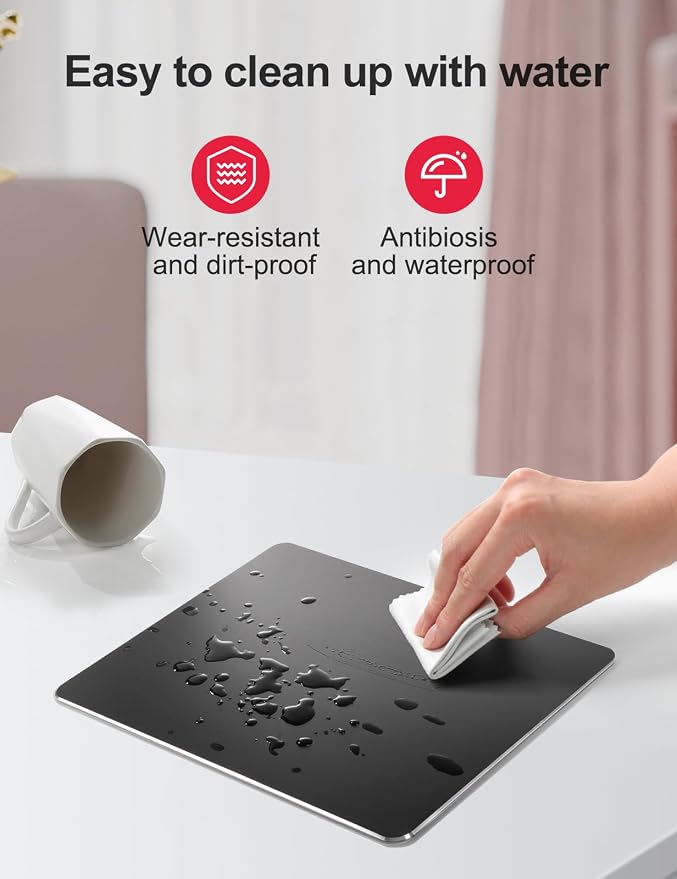 Vaydeer Hard Metal Aluminum Mouse Pad Clear Modern Smooth Magic Ultra Thin Double Side Design Mouse Mat Waterproof Fast and Accurate Control Compatible for Gaming and Office, Black, 9.05X7.08 Inch
