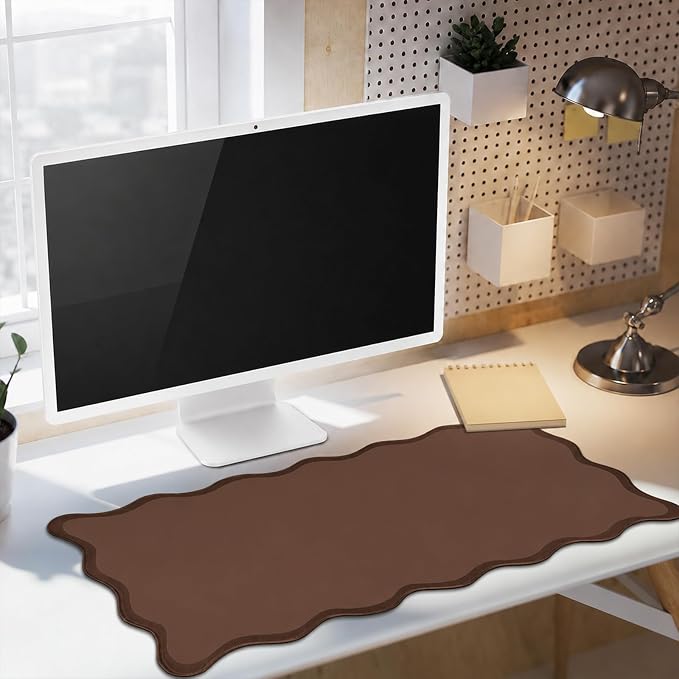Hahafelt Scalloped Desk Mat Large Desk Pad Cute Coquette Table Mat Back to School Preppy Table Make up Pad Nonslip Graduation Gift with Stitching Waterproof Gaming(Brown,31.5 x 15.8 Inches)