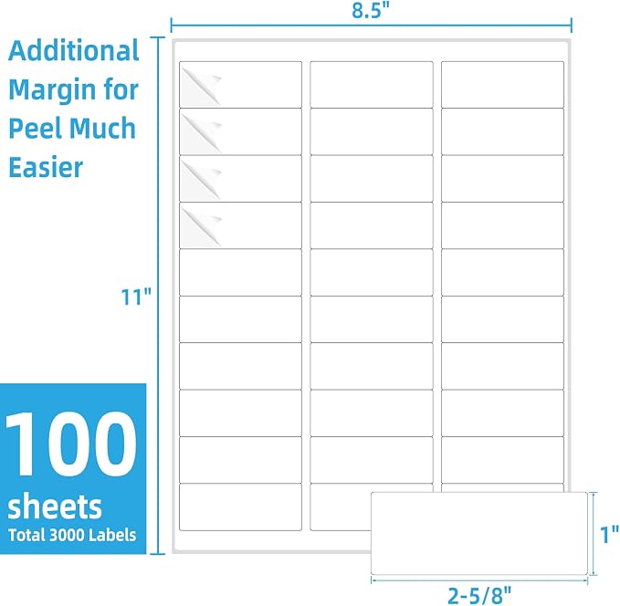 THEBLUETOUCH 3000 pcs Matte White Address Printable Labels, 1" x2-5/8 | 100 Sheets, 30 Labels Per Sheet, Blank Mailing Stickers, Compatible with Laser and Inkjet Printers for Shipping Address Use