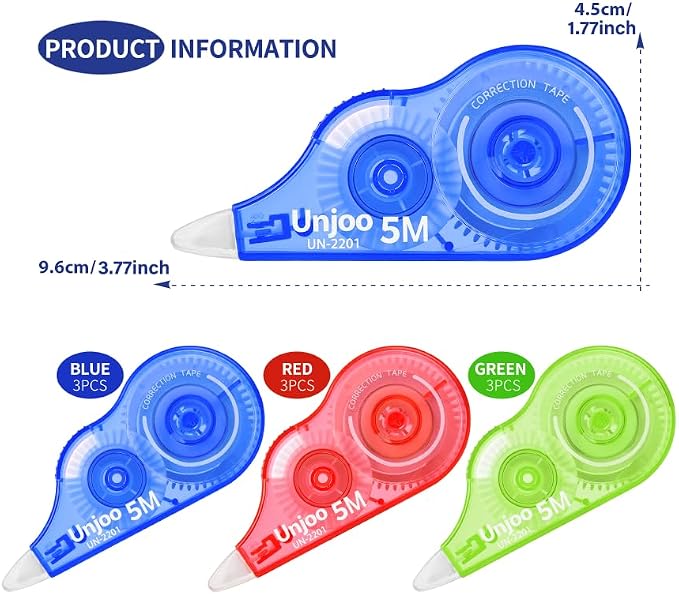 Unjoo White Correction Tape (9pack, 5M/196"x0.2", Redx3, Greenx3, Bluex3) | Easy To Use Applicator, Fast Clean Tear-Resistant Tape For school Supplies, Office