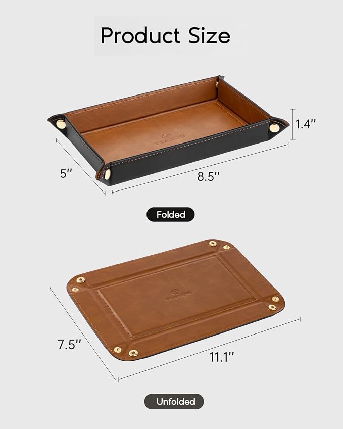 VLANDO Travel Valet Tray for Women, Foldable PU Leather, Light Brown | Travel Catchall Tray, Jewelry Tray and Dresser Organizer for Keys, Wallet, Watch, Glasses, Rings and Small Accessories