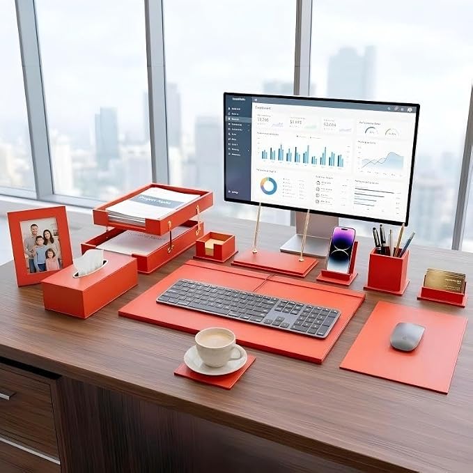 Luxury Executive Leather Desk Organizer Set –13-Piece Office Desk Accessories with Desk Pad, Letter Tray, Phone Stand, Pen Holder & Coasters – Professional Office Desk Decor & Gift (Orange)