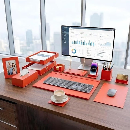 Luxury Executive Leather Desk Organizer Set –13-Piece Office Desk Accessories with Desk Pad, Letter Tray, Phone Stand, Pen Holder & Coasters – Professional Office Desk Decor & Gift (Orange)