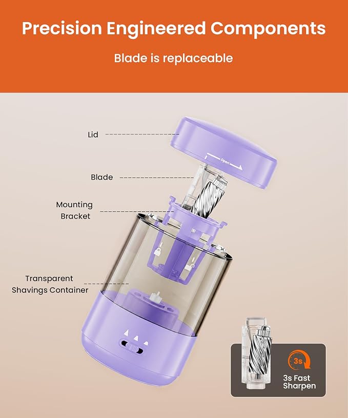 Electric Pencil Sharpener for Classroom, Fully Automatic Pencil Sharpener for 6-8mm Pencils & Colored Pencils, Auto in & Out, Type-C Rechargeable Pencil Sharpeners for Home, School, Purple