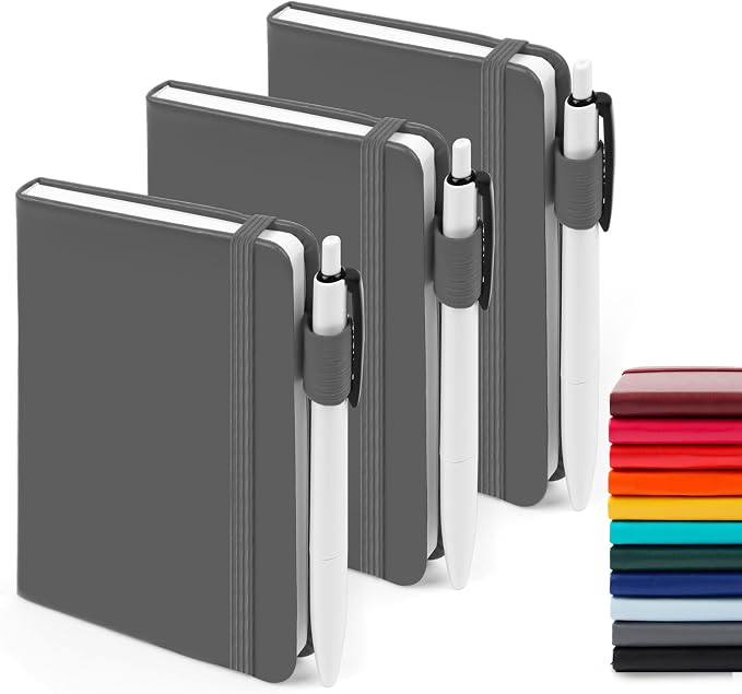 feela 3 Pack Pocket Notebook Journals with 3 Black Pens, A6 Mini Cute Small Journal Notebook Bulk Hardcover College Ruled Notepad with Pen Holder for Office School Supplies, 3.5”x 5.5”, Gray
