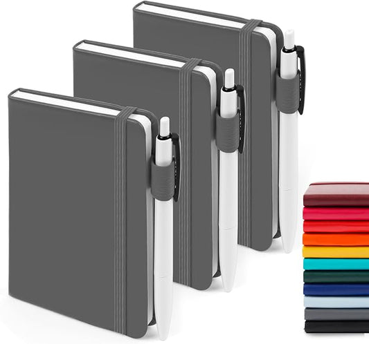 feela 3 Pack Pocket Notebook Journals with 3 Black Pens, A6 Mini Cute Small Journal Notebook Bulk Hardcover College Ruled Notepad with Pen Holder for Office School Supplies, 3.5”x 5.5”, Gray