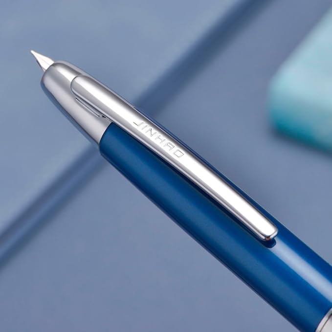 Jinhao 10 Press Fountain Pen with Box, Pearl Blue Retractable Fine Nib with Converter Set (Silver Clip)