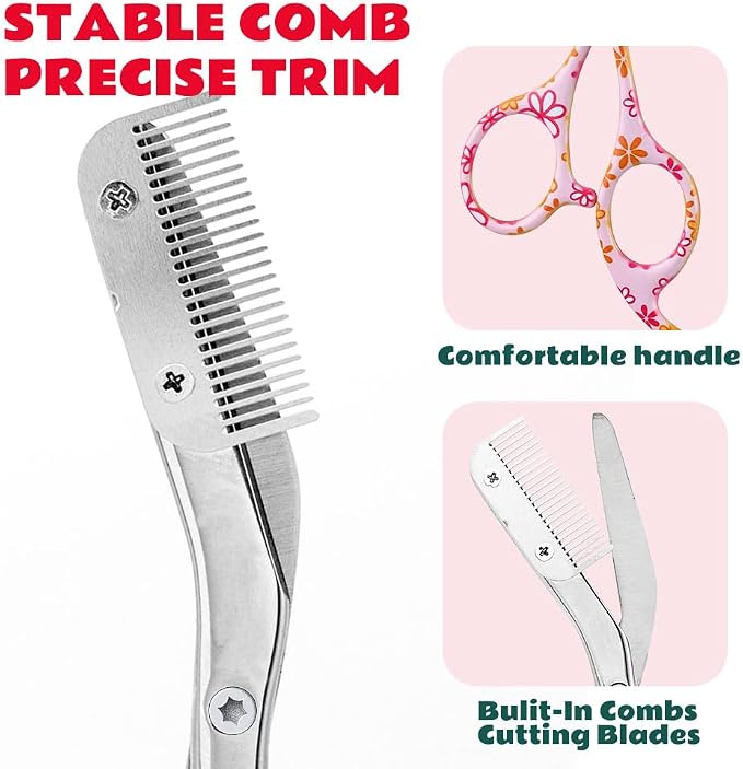 Eyebrow Trimmer With Comb Facial Grooming Scissors Kit Professional Precision Eyebrow Trimmer Stainless Steel Eyebrow Trimmers Scissors with Combs Perfect For Gifts for Men and Women (Pink)