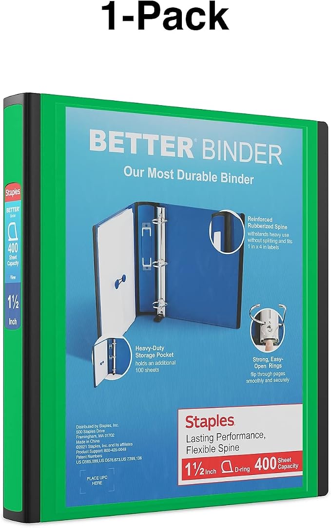 Staples Better 1.5-Inch 3-Ring Binder, Green – Heavy-Duty Binder for School & Office Organization