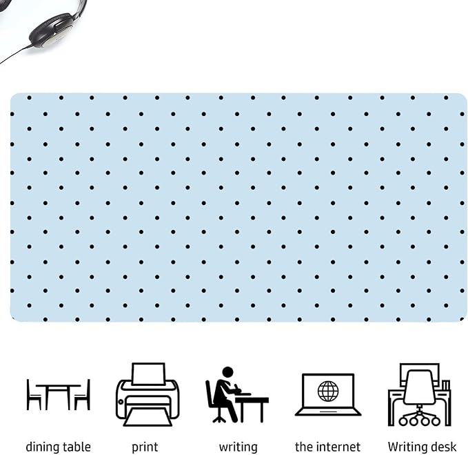 Black Polka Dot Leather Desk Mat Extended Gaming Mouse Pad | Non-slip Large Writing Pad Laptop Blotter Computer Keyboard Mat | Cute Blue Desk Protector for Home Office 31.5" x 15.7"