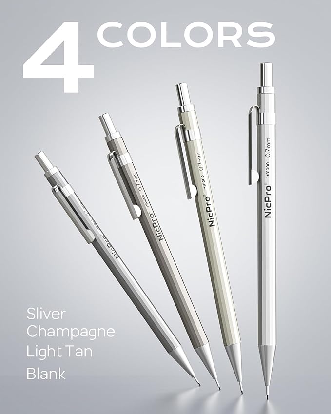 Nicpro 8 Pack 0.5mm & 0.7mm Metal Mechanical Pencil Set, MB1000 | Lead Drafting Pencil for Artist Writing, Sketching, Drawing with 6 Tubes HB Refills, 3×4B Eraser, 9×Cap Eraser - With Case