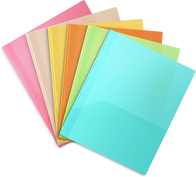 Dunwell Pastel Folders with Prongs (6 Pack), Aesthetic Back to School Supplies, 2 Pocket 3-Prong Color-Coded Plastic Folders for School, Labels Included