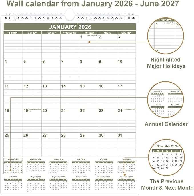Calendar 2026-2027 - 18 Months Wall Calendar from July 2026 - June 2027, 2026-2027 Wall Hanging Calendar Planner with Thick Paper, 12" x 14.5", Green