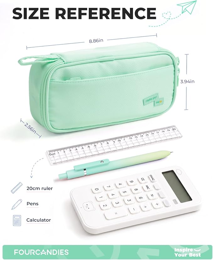 Four Candies Large Pencil Case, 5 Compartments Pen Organizer, Big Capacity Canvas Pencil Pouch Bag for School Supplies, Portable Stationery Holder for Teen Girls, Women (Peppermint Green)