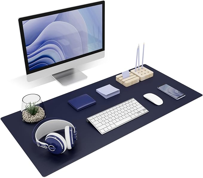 K KNODEL Large Desk Protector Mat, Leather Desk Pad (35.4"x17", Dark Blue) | Non-Slip Desk Mat, Desk Pads and Blotters, Desktop Mat, Desk Protector and Cover, Office Computer, Laptop and Keyboard Mat