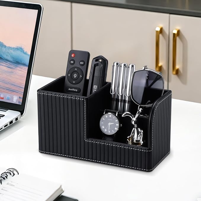 KINGFOM Desk Pen Organizer Office Supplies Caddy Pu Leather Multi-function Storage Box Pen/Pencil,Cell phone, Business Name Cards Remote Control Holder (Black)